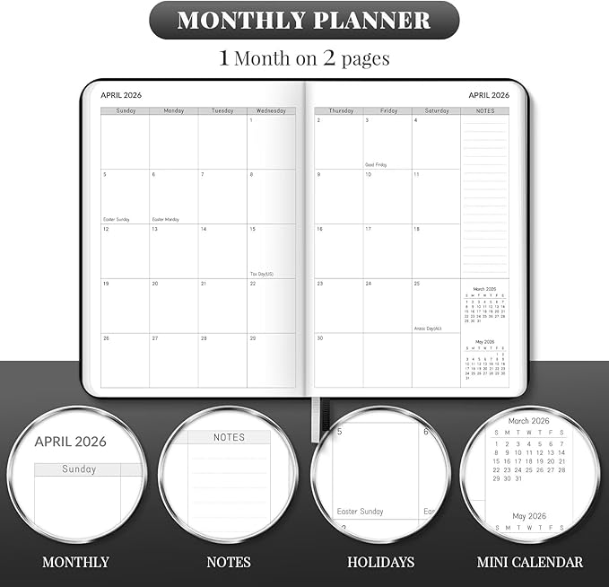 2026 Planner, Weekly and Monthly Planners, Faux Leather Daily Calendar 2026 Planner, 12 Month Agenda from Jan. to Dec., Hardcover Habit Tracker Journal 5.75" x 8.4"(Black)