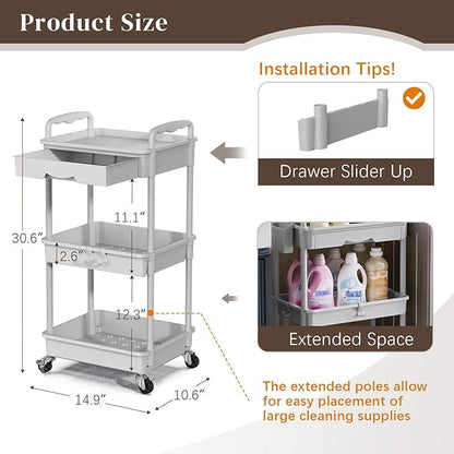 Rolling Utility Cart with Drawer 3 Tier, Utility Storage Organizer with Plastic Shelf & Lockable Wheels Multifunctional Storage Cart for Kitchen, Bathroom, Office, Living Room, Gray