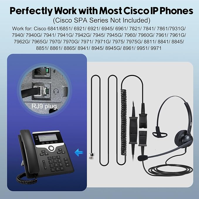 MKJ Telephone Headset for Cisco Phones, Wired Headphones with Microphone Noise Cancelling, Corded RJ9 Office Headset for Cisco CP-7821 7861 7942G 7960G 7975G CP-7841 8811 8841 8851 8861 8865 9951