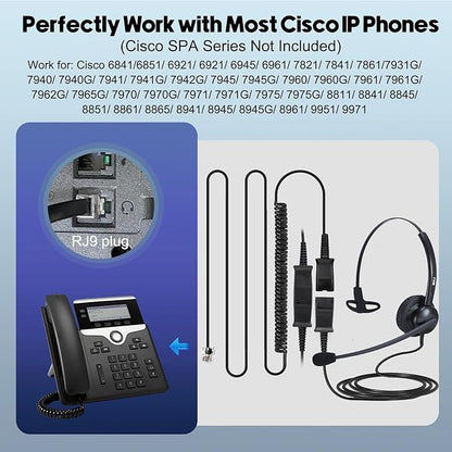 MKJ Telephone Headset for Cisco Phones, Wired Headphones with Microphone Noise Cancelling, Corded RJ9 Office Headset for Cisco CP-7821 7861 7942G 7960G 7975G CP-7841 8811 8841 8851 8861 8865 9951