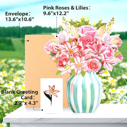 NESCCI Pop Up Cards,Pink Roses&Lilies,12 Inch Forever Flower Bouquet 3D Popup Greeting Cards With Blank Note Card and Envelope,Perfect For Birthday, Christmas, Thanksgiving Day,Mother's Day Gifts