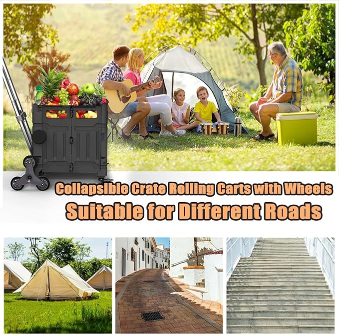 Foldable Utility Cart with Stair Climbing Wheels,Folding Portable Rolling Crate Handcart with Aluminium Alloy Telescoping Handles, Handcart for Grocery Book File Tool Art Supplies