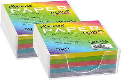 BAZIC Color Paper Cube w/Durable Tray, 3" X 3" 300 Count/Pack, Mini Memo Papers Pads Note Paper Reminders (Non Sticky), Assorted Colors, 2-Pack