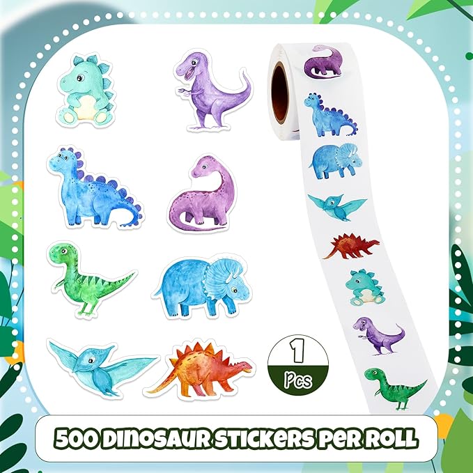 1 Roll Animal Stickers Reward Cute Space Stickers Office Supplies Incentives Sticker Animal Party Favor Decal, 500 Pcs Each Roll(Dinosaur)