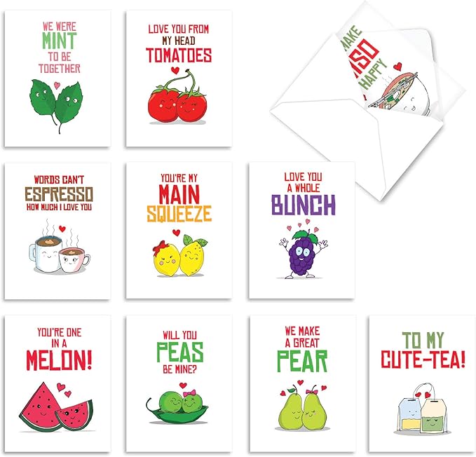 The Best Card Company - 10 Funny Assorted Blank Humor Notecards Box Set 4 x 5.12 Inch w/Envelopes Loving Cartoons for Men, Women (10 Designs, 1 Each) - Romantic Yummy Puns M5659OCB-B1x10