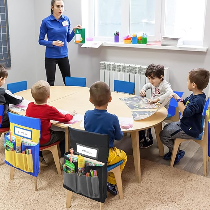 Black Chair Back Pocket School Seat Chair Storage Pocket Organizer with Label Slot Multiple Pockets for School Home Classroom Preschool Daycare