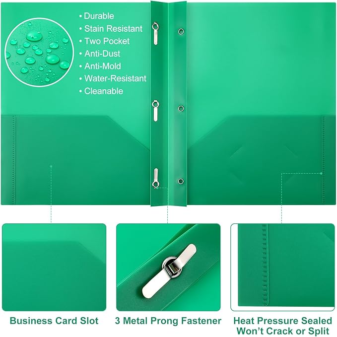 Cholemy 6 Pcs Plastic Pocket Folders with Prong 2 Heavy Duty Pockets Folders with 3 Prongs Letter Size Paper Folders Bulk File Plastic Folders with Fasteners for Office Workers (Green)