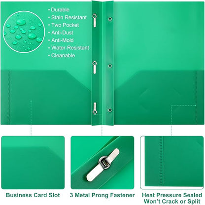 Cholemy 6 Pcs Plastic Pocket Folders with Prong 2 Heavy Duty Pockets Folders with 3 Prongs Letter Size Paper Folders Bulk File Plastic Folders with Fasteners for Office Workers (Green)