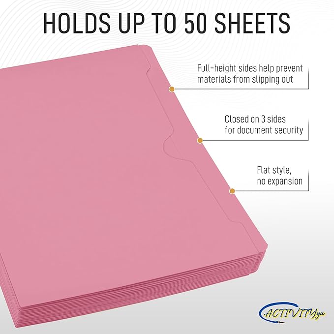 Pink File Jackets, Flat-No Expansion, Letter Size, Reinforced Straight-Cut Tab, 10 Pack