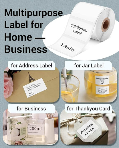 Phomemo Thermal Sticker Label for M110/M221/M220/M120/M200 Label Printer,1.97"x1.18"(50x30mm), 230 Labels/Roll, Black on White