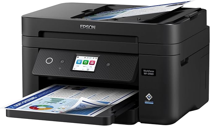 Epson Workforce WF-2960 Wireless All-in-One Printer with Scan, Copy, Fax, Auto Document Feeder, Automatic 2-Sided Printing, 2.4" Touchscreen Display, 150-Sheet Paper Tray and Ethernet,Black