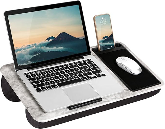 LAPGEAR Home Office Lap Desk with Device Ledge, Mouse Pad, and Phone Holder - White Marble - Fits Up To 15.6 Inch Laptops - Style No. 91501