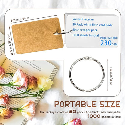 MotBach 1000 Sheets White Blank Flash Cards with Binder Rings,3.5 x 2.2 Inch Index Cards, Small Note Cards Study Cards Learning Cards Kraft Paper Cards, Easy Flip Mini Index Note Flashcards (20 Pack)