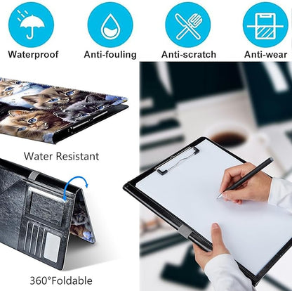 PU Leather Padfolio Folder Clipboard Portfolios Organizer Conference Document Organizer with Business Card Holder Storage Clipboard Writing Pad,Cute Cats