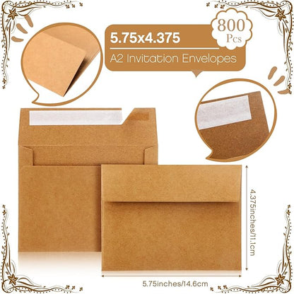 Fainne 800 Pack A2 Brown Envelopes, 5.75x 4.375 Envelopes for Invitation, Kraft Envelopes 120 Gsm Gift Card Envelopes for Office, Gift, Party, Baby Shower,wedding