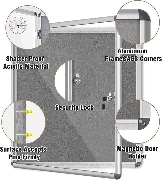 28"x26" Enclosed Bulletin Board, Lockable Weather-Resistant Aluminum Cork Noticeboard for School & Office, Silver Frame w/Grey Flet