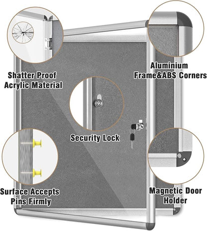28"x26" Enclosed Bulletin Board, Lockable Weather-Resistant Aluminum Cork Noticeboard for School & Office, Silver Frame w/Grey Flet