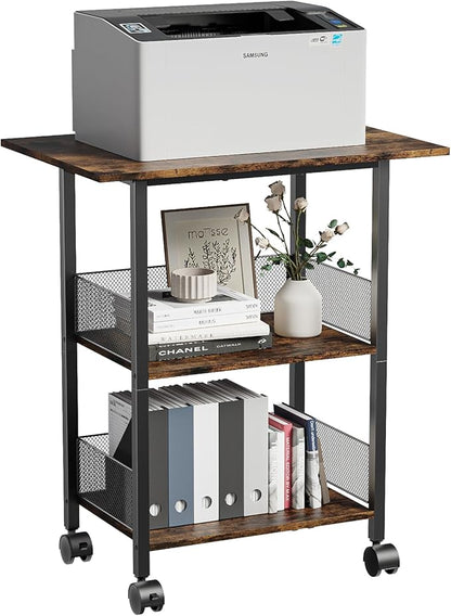Printer Stand, 3-Tier Mobile Industrial Printer Table with Anti-Fall Storage Shelf, 23"x15" Home and Office Rolling Cart for Printer, Fax Machine, Laminator, Scanner