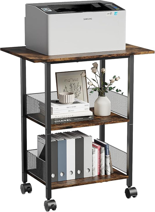 Printer Stand, 3-Tier Mobile Industrial Printer Table with Anti-Fall Storage Shelf, 23"x15" Home and Office Rolling Cart for Printer, Fax Machine, Laminator, Scanner