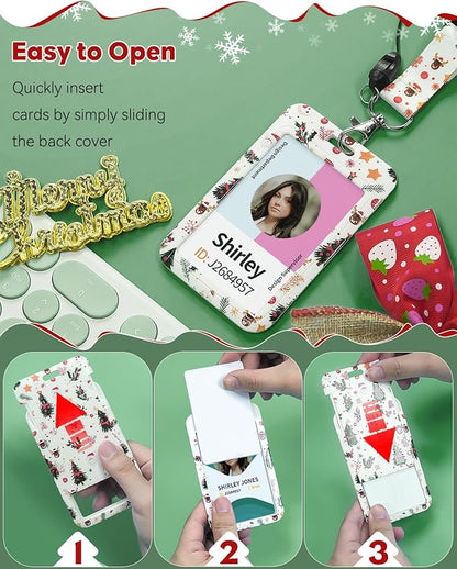 Uniclife 2 Pack Christmas Sliding Badge Holder Hard ID Card Holder with Cartoon Santa Claus & Snowman Patterns Vertical Card Protector with Retractable Badge Reel Carabiner & Detachable Lanyard Strap
