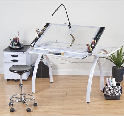 SD Studio Designs 10096 Futura Station with Folding Shelf Top Adjustable Drafting Craft Drawing Hobby Table Writing Studio Desk with Drawer, 35.5'' W x 23.75'' D, White/Clear Glass