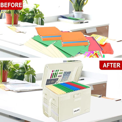 DocSafe File Box Fireproof Document Box with Lock, File Storage Organizer Box with Pockets,Collapsible Portable File Box Home Office File Cabinet with Handle for Hanging Letter/Legal Folder,Beige