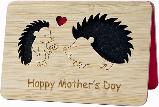 Mothers Day Cards,Handmade Bamboo Greeting Cards,Wooden Thankyou Card,Mother's day Card for Mom,Mum,Hedgehog mom