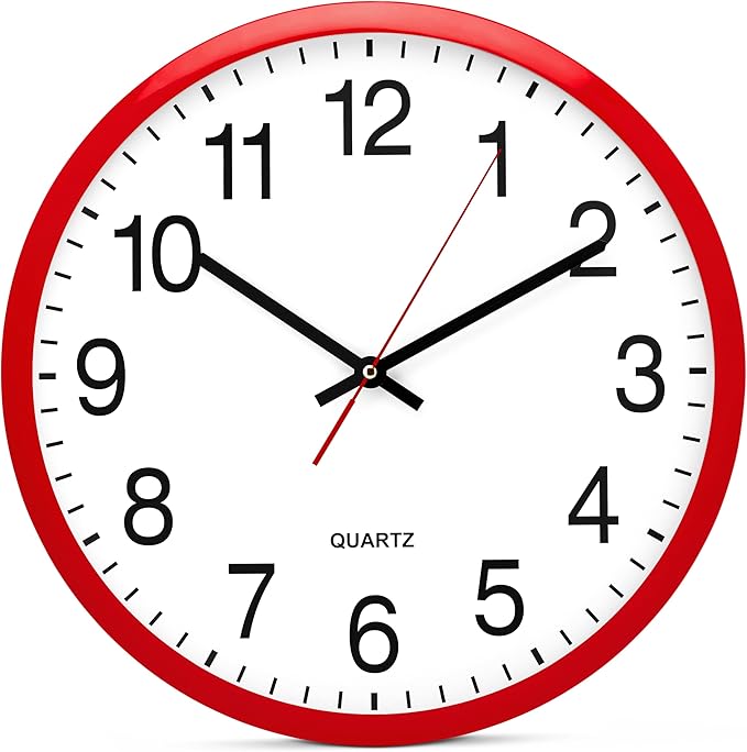 Bernhard Products Red Wall Clock, Silent Non Ticking - 16 Inch Extra Large Quality Quartz Battery Operated Round Easy to Read Home/Office/Business/Kitchen/Classroom/School Clocks