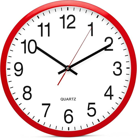 Bernhard Products Red Wall Clock, Silent Non Ticking - 16 Inch Extra Large Quality Quartz Battery Operated Round Easy to Read Home/Office/Business/Kitchen/Classroom/School Clocks