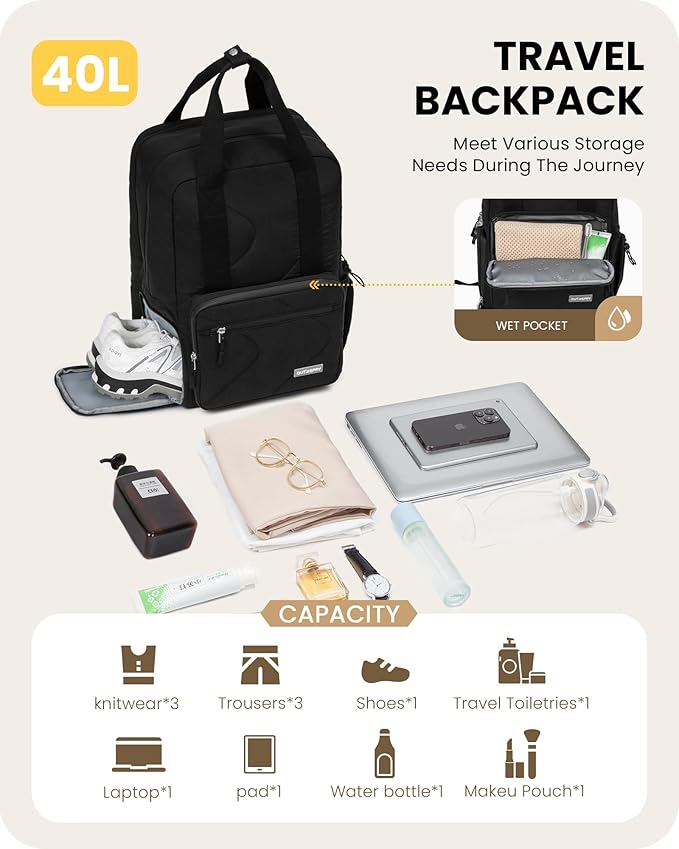 Large Travel Backpack Women, 40L Carry On Backpack for Airplanes with Shoe Compartment & Wet Pocket, 16 Inch Laptop Backpack for Trave Work Gym, Black