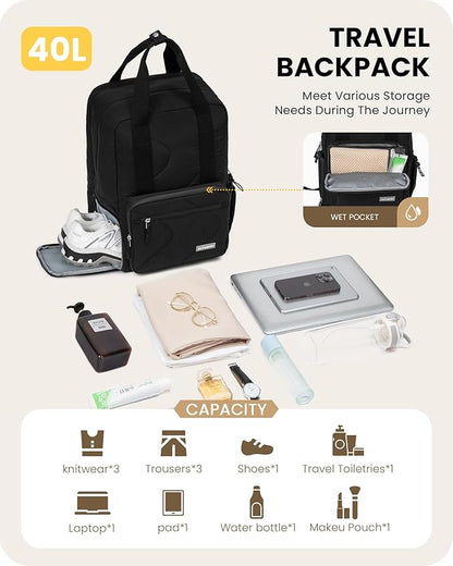 Large Travel Backpack Women, 40L Carry On Backpack for Airplanes with Shoe Compartment & Wet Pocket, 16 Inch Laptop Backpack for Trave Work Gym, Black