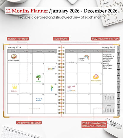2026 Planner, Weekly and Monthly Calendar Planner from January 2026 - December 2026, 5.75" x 8.38" Hardcover Leather Hourly Appointment Book with Tabs, A5 Spiral Daily Planners for College School Work Home, Pink