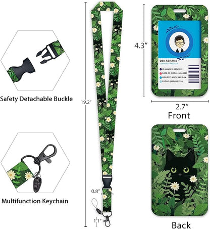Giancomics Lanyards for Id Badges, Black Cat ID Badge Holder with Lanyard Badge Reel Retractable, Plant Lanyard with ID Holder Keychain Clip Name Tag Cute ID Card Holder for Teacher Women Work Office