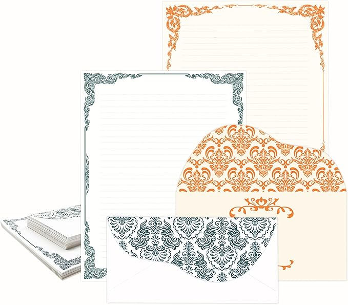 Anzon Mories 96 Piece Stationary Set (64 Sheet Paper and 32 Envelope) Both Side Line Vintage Ivory Lace pattern 2 Color Navy Orange Gold border Stationery Letter Writing Paper 8.5 x 11 In College Rule