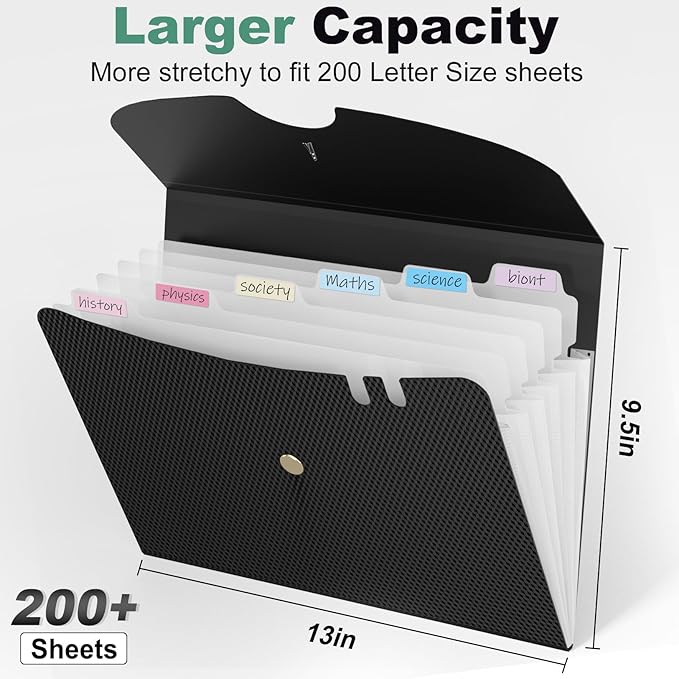 Sooez 7 Pocket Expanding File Folder, Premium Accordion File Organizer, Letter Size Folders for Documents, Sleek Filing Folders with Bungee Closure, Portable Folders for School Office Supplies, Black