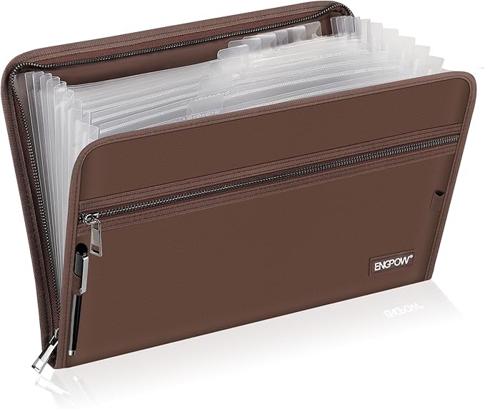 ENGPOW Accordion File Organizer,Fireproof 13 Pockets Expanding File Folder,Document Organizer Folder with Zipper＆Labels,Portable Home Travel Safe Storage for Letter A4 Files and More,Brown