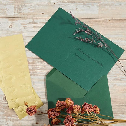 50 Pack Dark Green A7 Envelopes with Cards 5x7 Thick Folded Cardstock and Gold Stickers for Greeting Cards, Wedding, Birthday, Invitations, Baby Showers (Dark Green, 5x7)