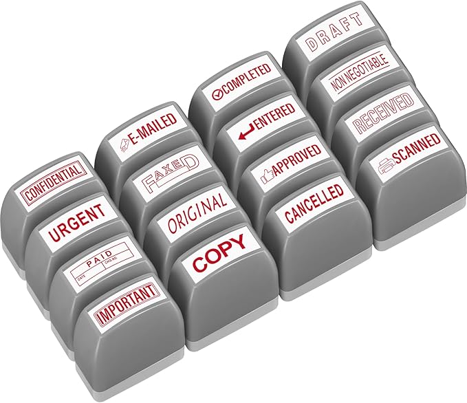 Crtiin 16 Pcs Office Stamp Set Message Self Inking Rubber Stamp Set for Office Stamps Completed Faxed Scanned Stamps for Message Supplies(Red, Grey)