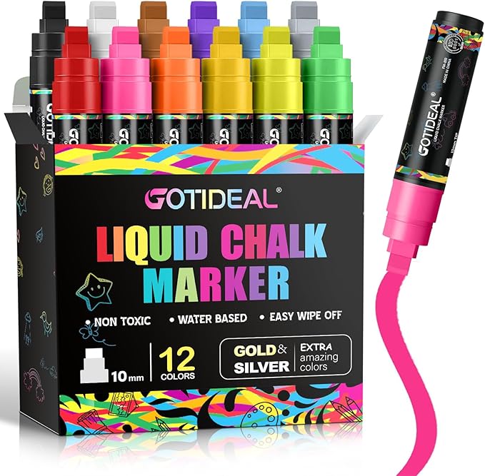 GOTIDEAL Window Markers, Jumbo Chalk Markers for Blackboard, Washable Car Markers for Chalkboard Glass Mirrow,10mm Thick Tip12 Colors With Metallic Colors