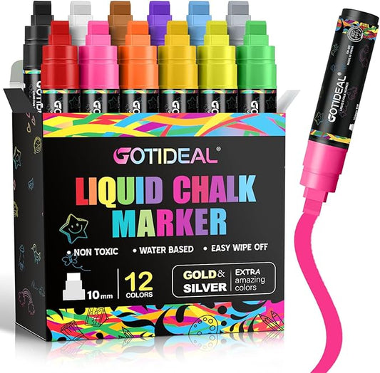 GOTIDEAL Window Markers, Jumbo Chalk Markers for Blackboard, Washable Car Markers for Chalkboard Glass Mirrow,10mm Thick Tip12 Colors With Metallic Colors