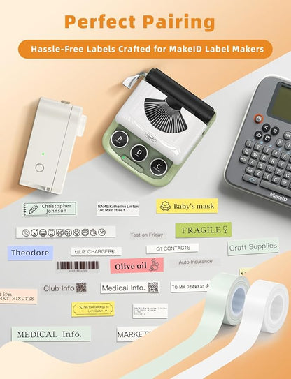 MakeID L1 E1 Q1 Label Maker Tape Refills, 3-Roll 16mm x 4m (0.63" x 13') Continuous Consumables Thermal Laminated Office Labeling Tape Replacement