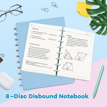 Discbound Notebook, 8-Disc Disbound Planner with Removable Pages, 180 Pages Spiral Notebook, Poly Cover Discbound Planner for Work, Travel, Note Taking(With Index Sticker),Blue,A4