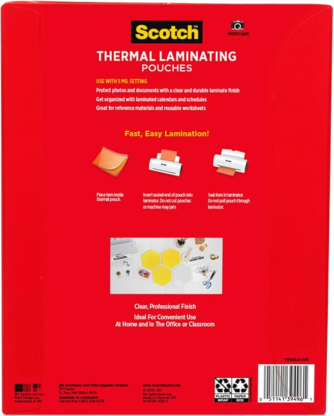 Scotch Thermal Laminating Pouches, 100 Count, Clear, 5 mil., Laminate Business Cards, Banners and Essays, Ideal Office or School Supplies, Fits Letter Sized Paper (8.9 in. × 11.4 in.)