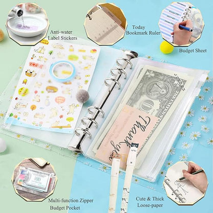 36 Pieces A6 Binder PVC Cover with 10 Clear Binder Pockets, Waterproof 6-Ring Budget Binder Envelopes System Budget Planner Organizer, Budget Sheets & Card Bags & Papers & Label for Cash Envelopes