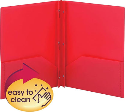 Smead Poly Two-Pocket Folder, Three-Hole Punch Prong Fasteners, Letter Size, Red, 3 Per Pack (87730)