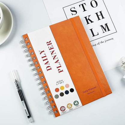 Undated Daily Planner,Undated Planner with Hourly Schedules, Daily Organizer Notebooks for work, Spiral Appointment Planner for Men and Wome, To Do List Notebook for Time Management, Elastic Closure, Pocket(Orange)