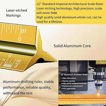 Aluminum Architectural Scale - 12" Imperial, Triangle Drafting Ruler (Golden)