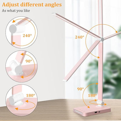 LED Desk Lamp with USB Ports,Touch Desk Lamps for Home Office with 5 Color Modes,3 Brightness Desk Light with Small Night Light,Reading Lamp Table Lamp for Bedroom Bedside Study Pink （with adapter）
