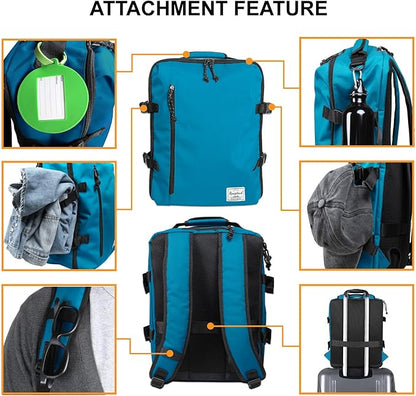 Cabin Hand Luggage Backpack Small Carry-On Daypack Airplane Travel Under-seat for Women Men fits 15.6-inch Laptop, Water Blue
