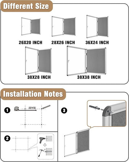 28"x26" Enclosed Bulletin Board, Lockable Weather-Resistant Aluminum Cork Noticeboard for School & Office, Silver Frame w/Grey Flet
